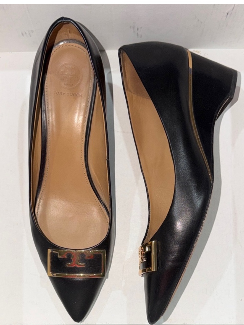 Tory Burch Black Leather Gigi Wedge Heels